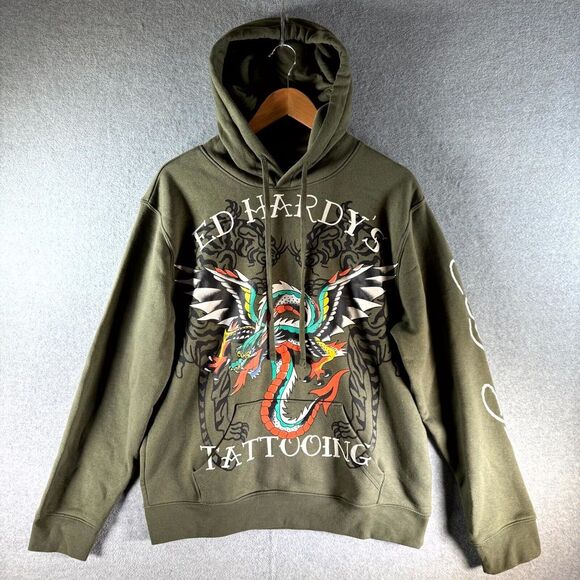 Ed Hardy Tops - Ed Hardy‎ Dragon Wings Hoodie Medium Olive Pouch Pocket Lined Pullover